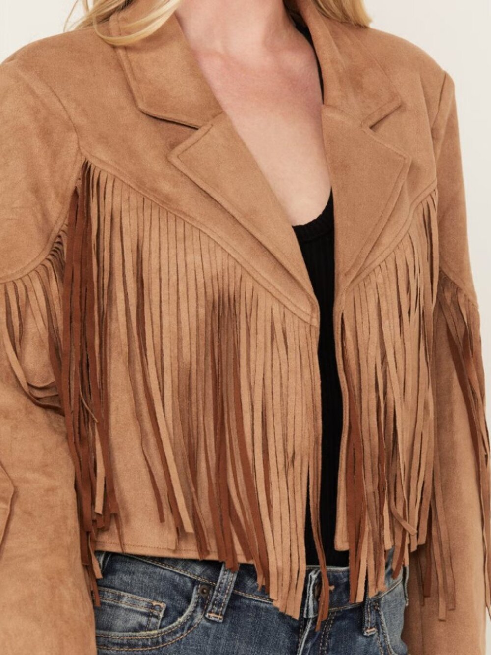 Light Brown Faux Suede Fringe Cropped Jacket - size 1XL